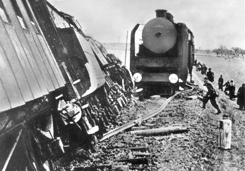 A German train that was sabotaged by Slovak partisans.